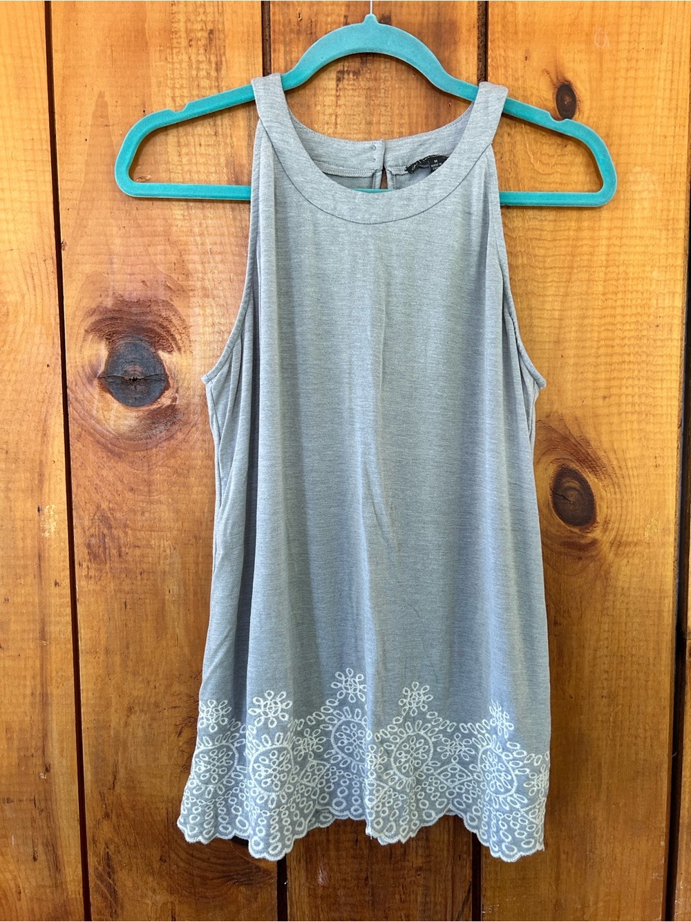 Adrianna Papell Gray/Blue Embroidered Lace Hem Sleeveless Tunic Top Size M